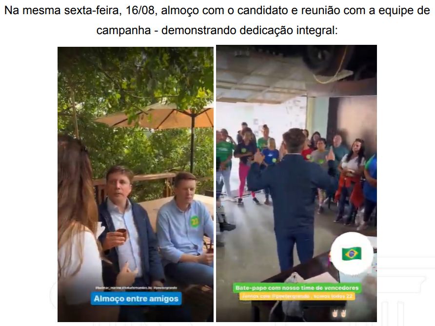 Foi juntada uma expressiva quantidade de provas fotográficas mostrando que o prefeito tem se dedicado à campanha eleitoral em vez de trabalhar em troca do que a população lhe paga.